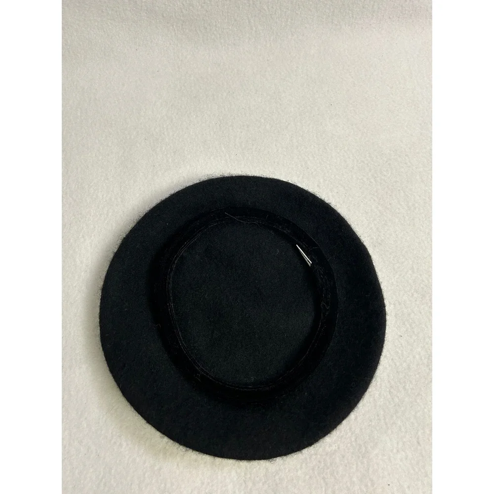 French Chic Dark Academia Target Womens OS Black Wool Blend Velvet Trim Beret